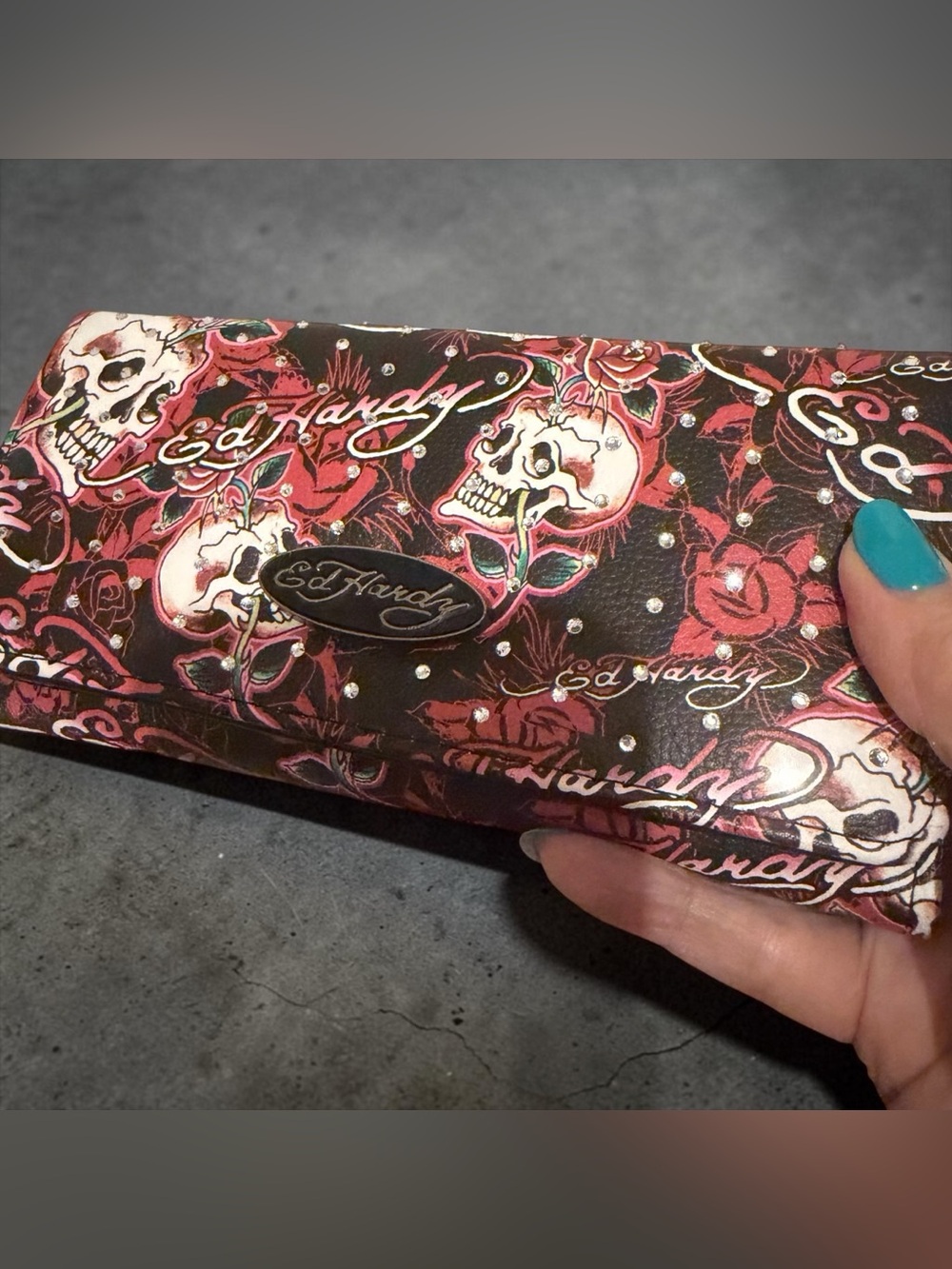 Ed Hardy Red & Multi Color Skull & Rose Tattoo Print Flap Wallet Rhinestones NWO